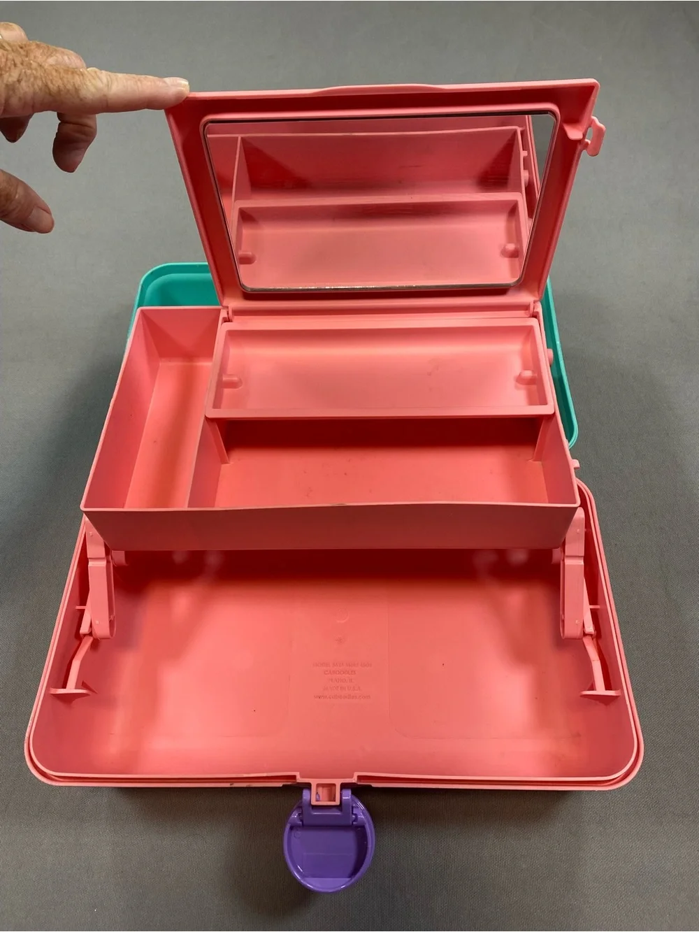 Vintage Caboodles Pink and Teal Makeup Case with Purple handle.